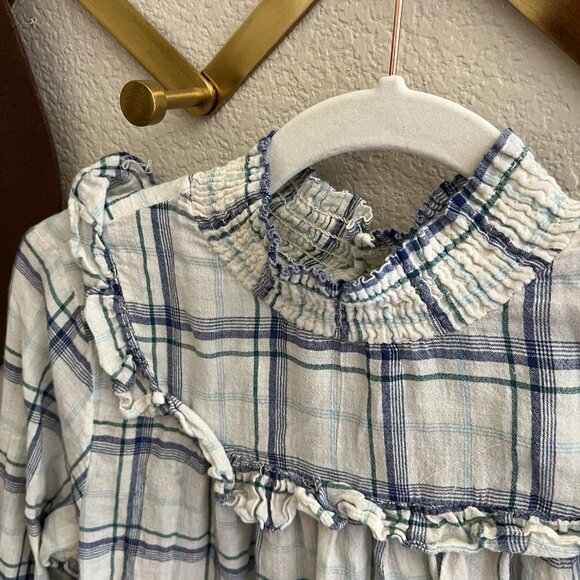 Jodifl Blue White Plaid High Neck Ruffle Cottagecore Academia Blouse Shirt Top - Picture 2 of 8